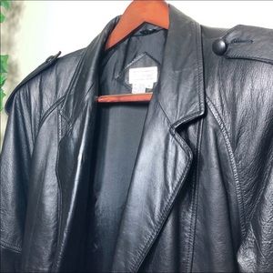 80s Long Black Leather Trench Coat